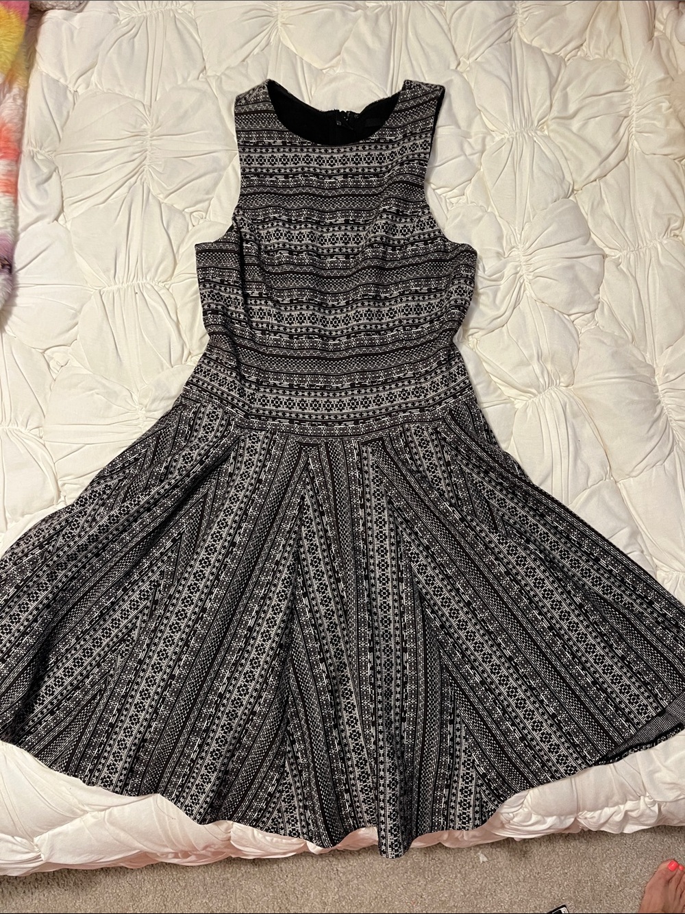 Tibi Black and White Sleeveless Fit-and-Flare Skater Style Dress